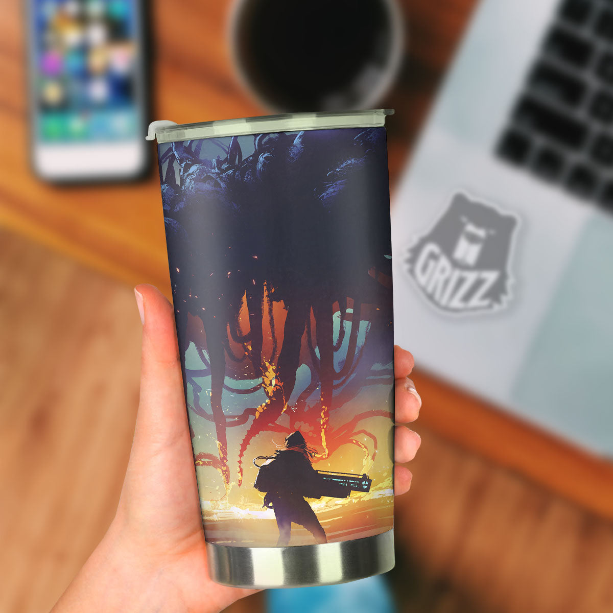 Girl Fight With Alien Octopus Monster Print Tumbler-grizzshop