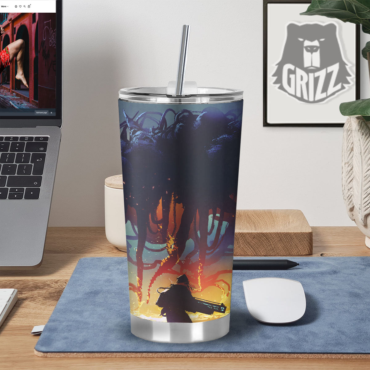 Girl Fight With Alien Octopus Monster Print Tumbler-grizzshop