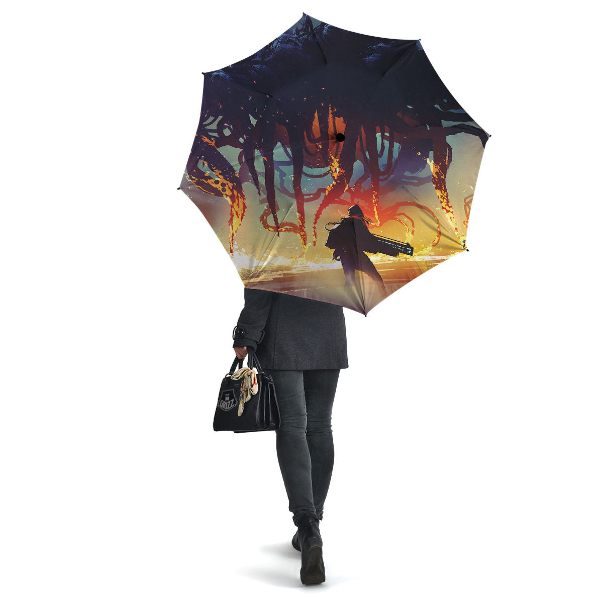 Girl Fight With Alien Octopus Monster Print Umbrella-grizzshop