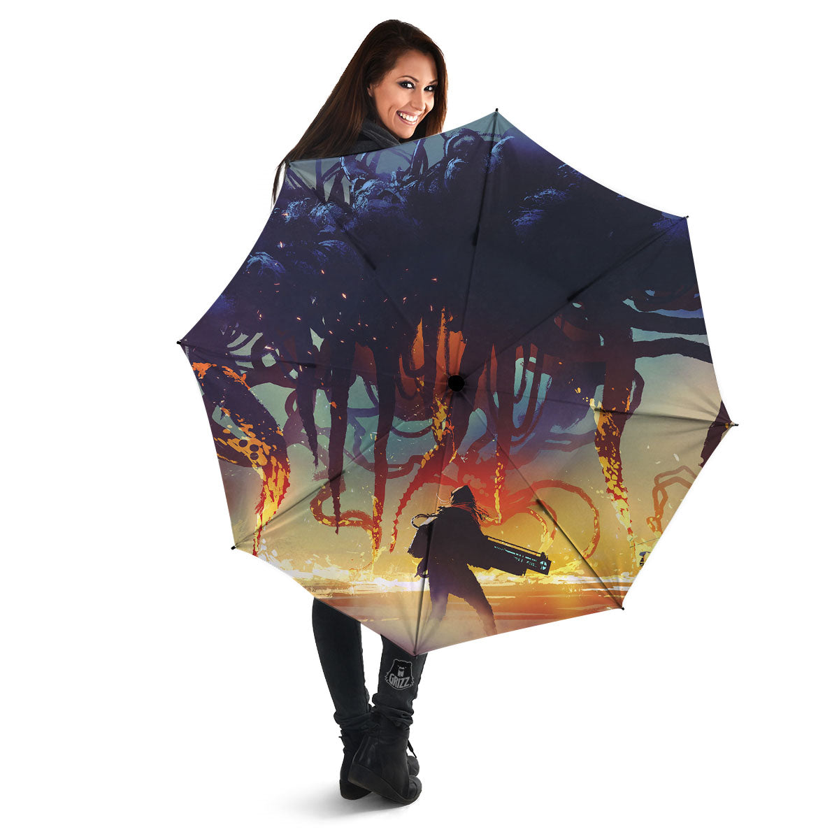 Girl Fight With Alien Octopus Monster Print Umbrella-grizzshop