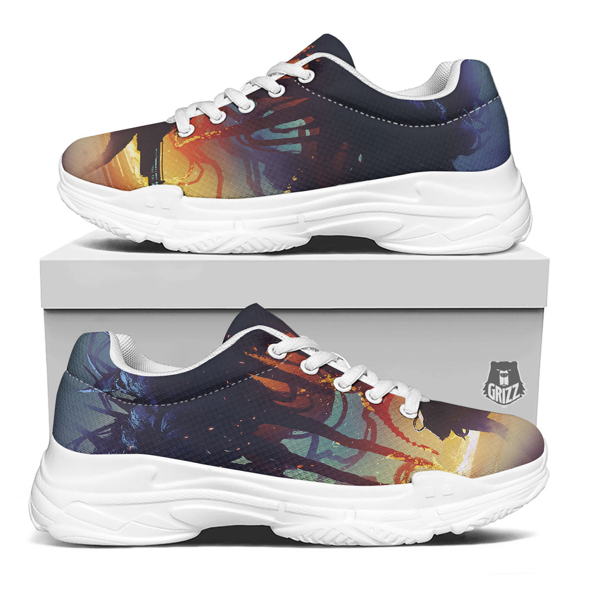 Girl Fight With Alien Octopus Monster Print White Chunky Shoes-grizzshop
