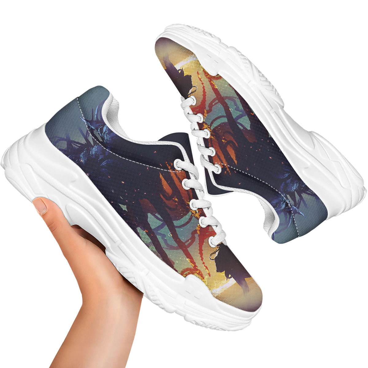 Girl Fight With Alien Octopus Monster Print White Chunky Shoes-grizzshop