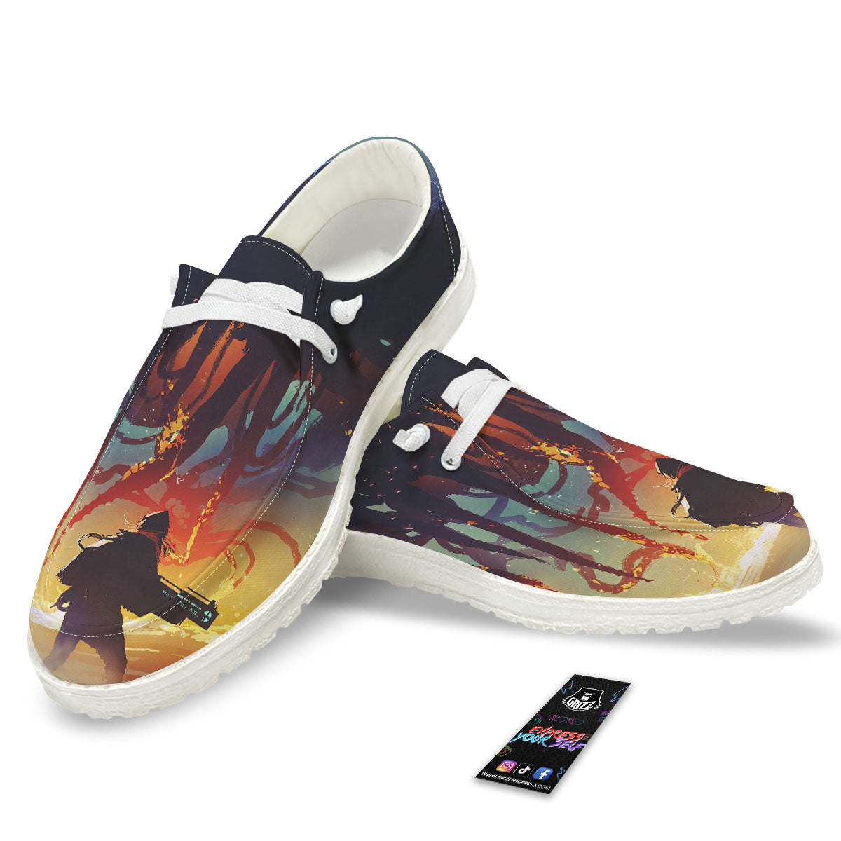 Girl Fight With Alien Octopus Monster Print White Loafers-grizzshop