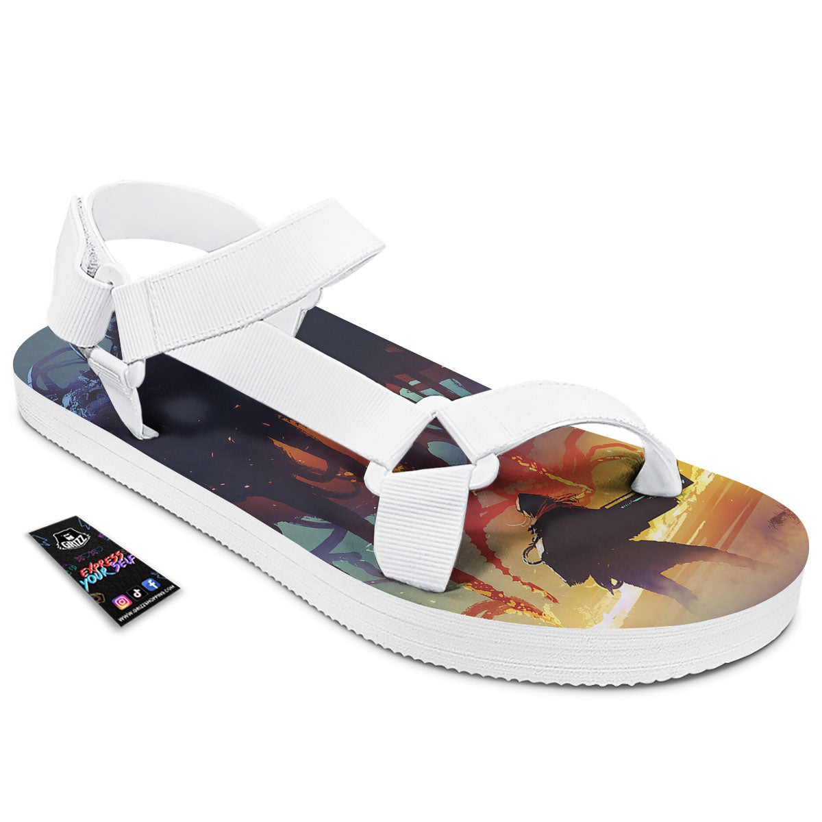 Girl Fight With Alien Octopus Monster Print White Open Toe Sandals-grizzshop