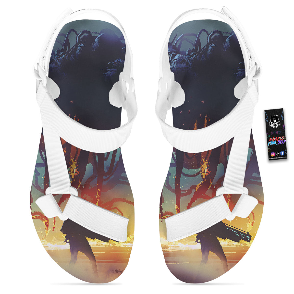 Girl Fight With Alien Octopus Monster Print White Open Toe Sandals-grizzshop