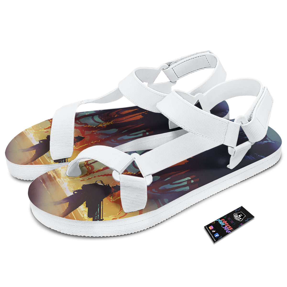 Girl Fight With Alien Octopus Monster Print White Open Toe Sandals-grizzshop