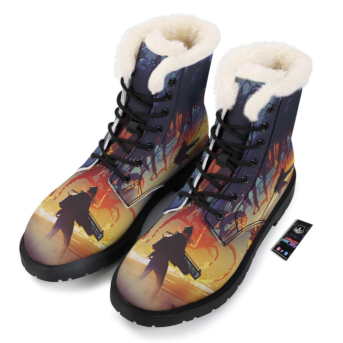 Girl Fight With Alien Octopus Monster Print Winter Boots-grizzshop