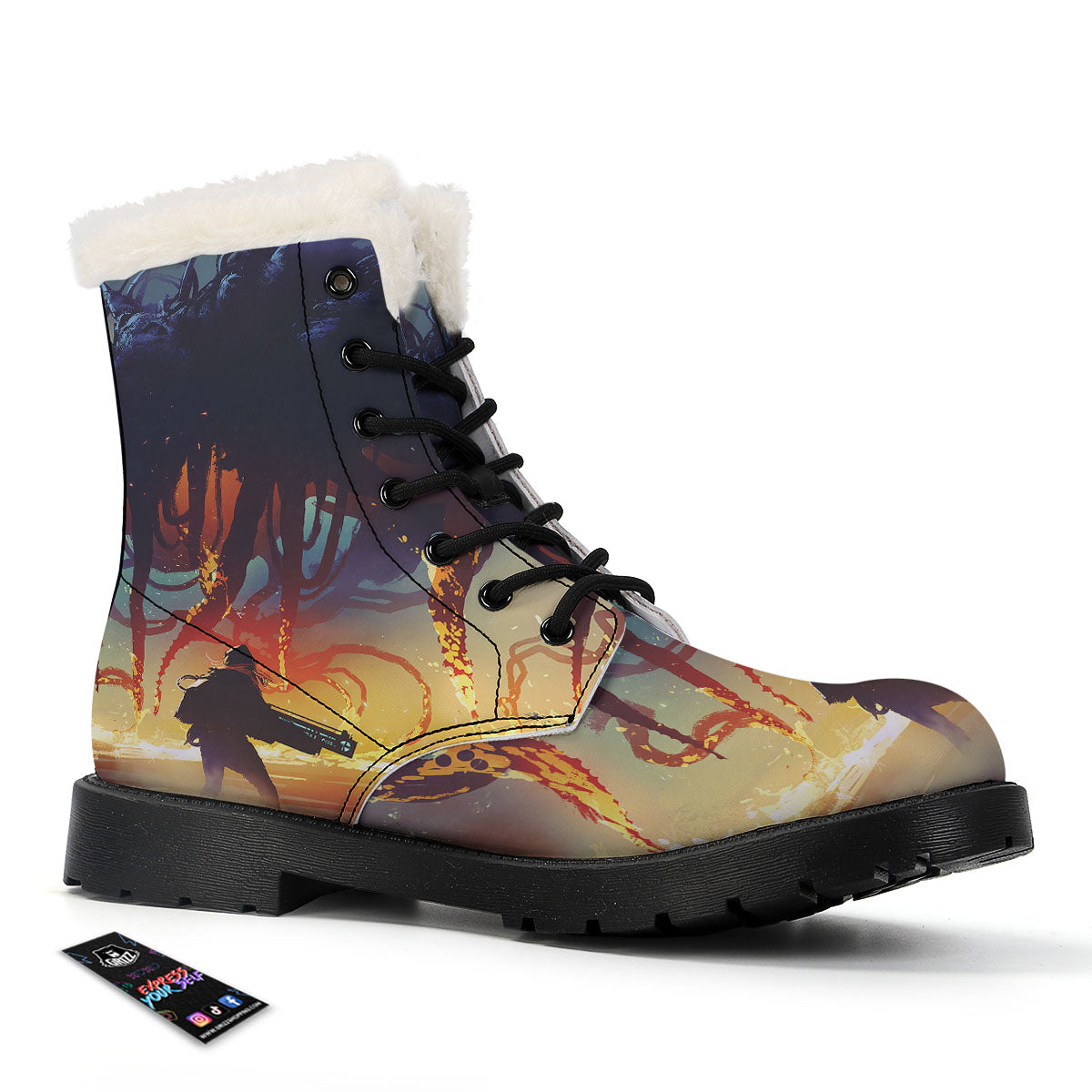 Girl Fight With Alien Octopus Monster Print Winter Boots-grizzshop