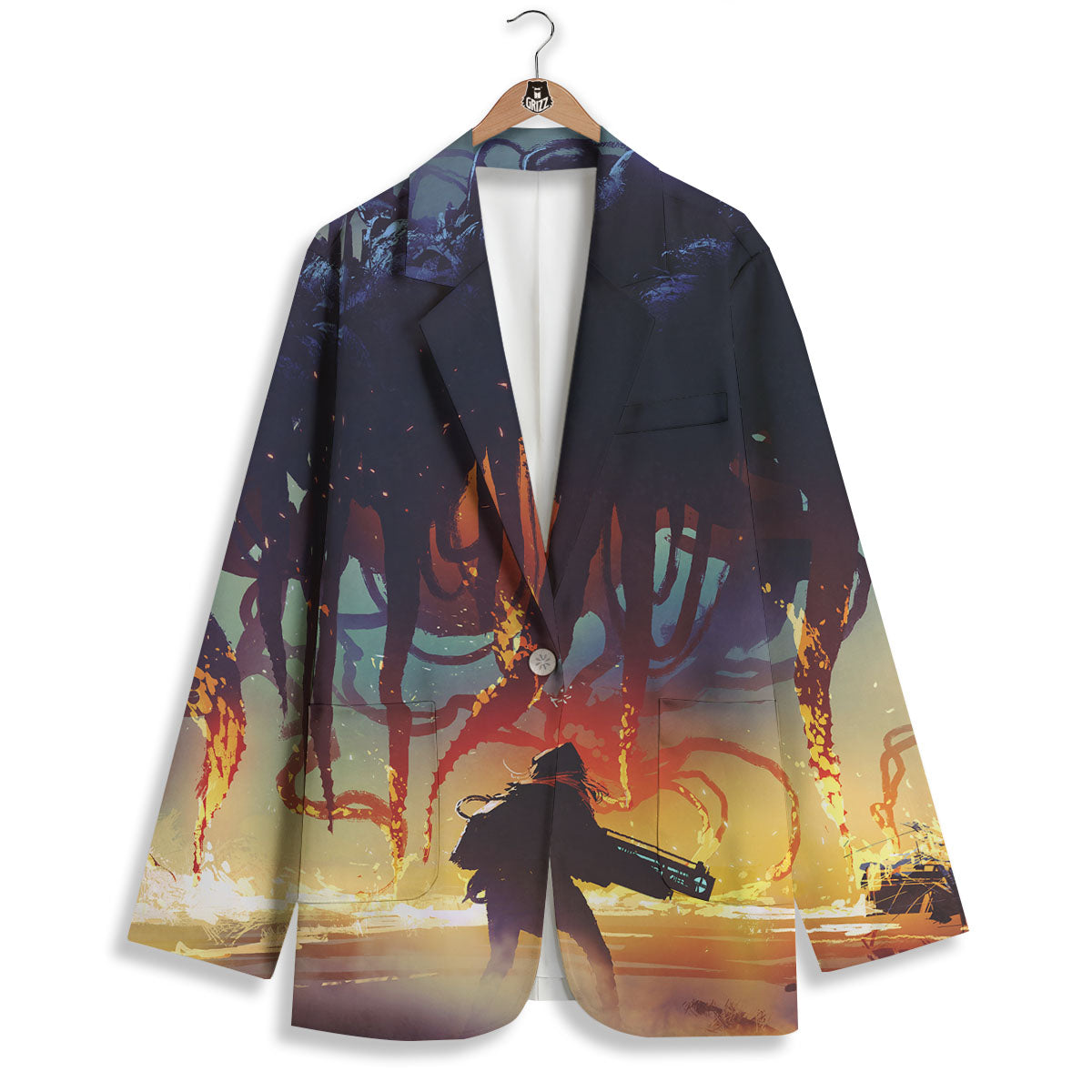 Girl Fight With Alien Octopus Monster Print Women's Blazer-grizzshop