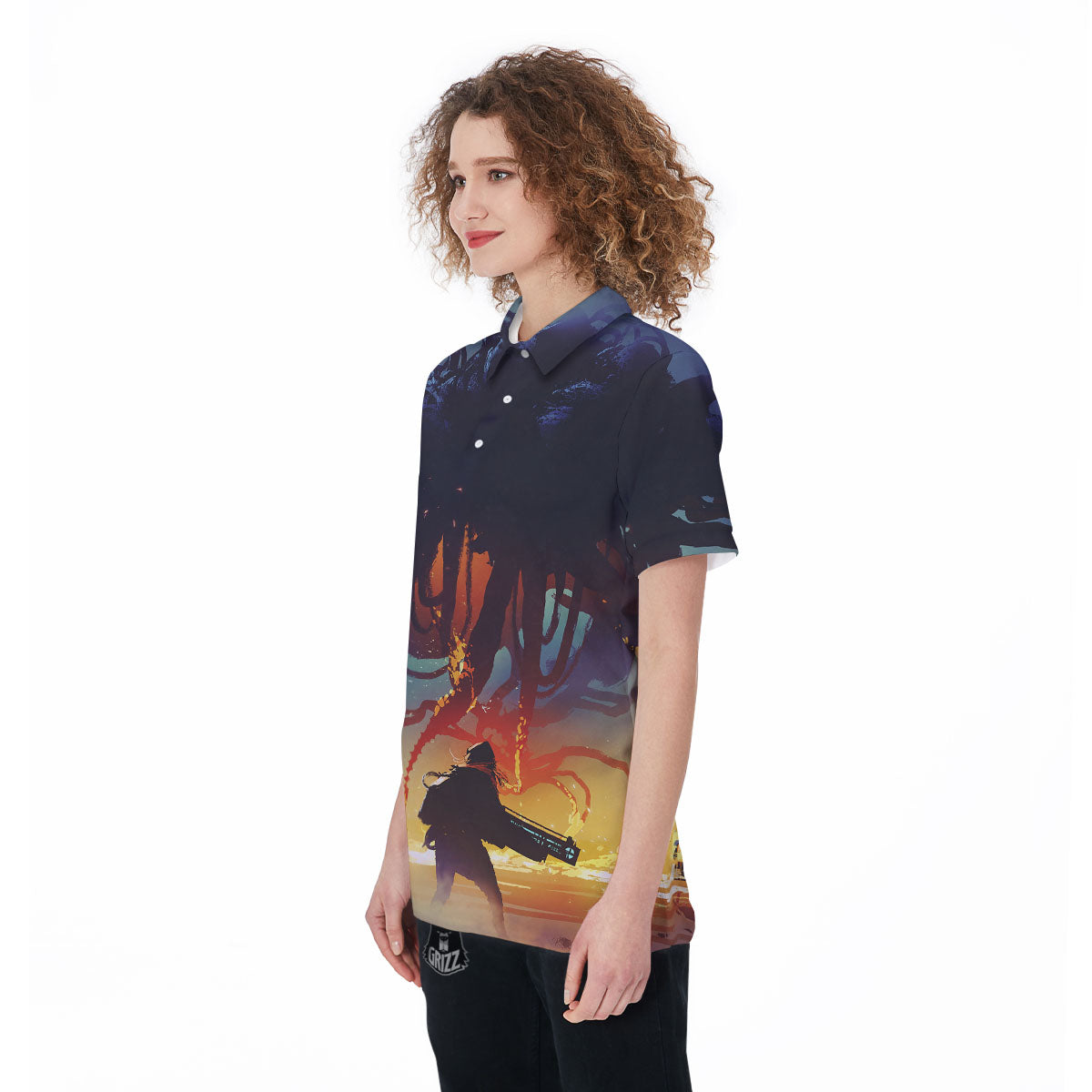 Girl Fight With Alien Octopus Monster Print Women's Golf Shirts-grizzshop
