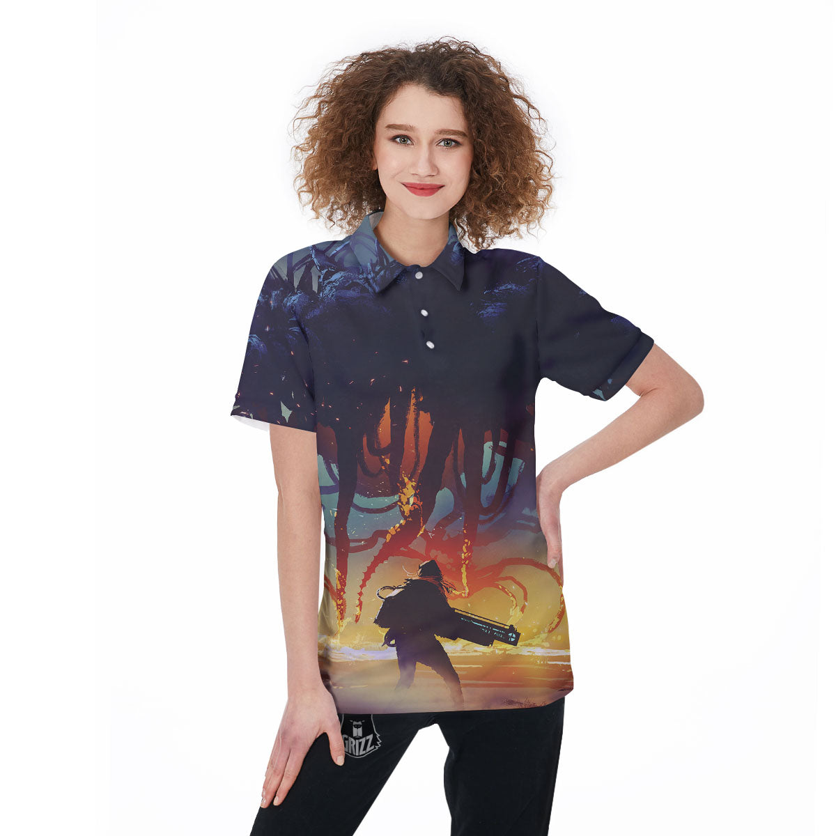 Girl Fight With Alien Octopus Monster Print Women's Golf Shirts-grizzshop