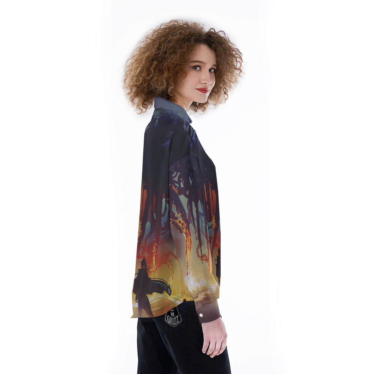 Girl Fight With Alien Octopus Monster Print Women's Long Sleeve Shirts-grizzshop