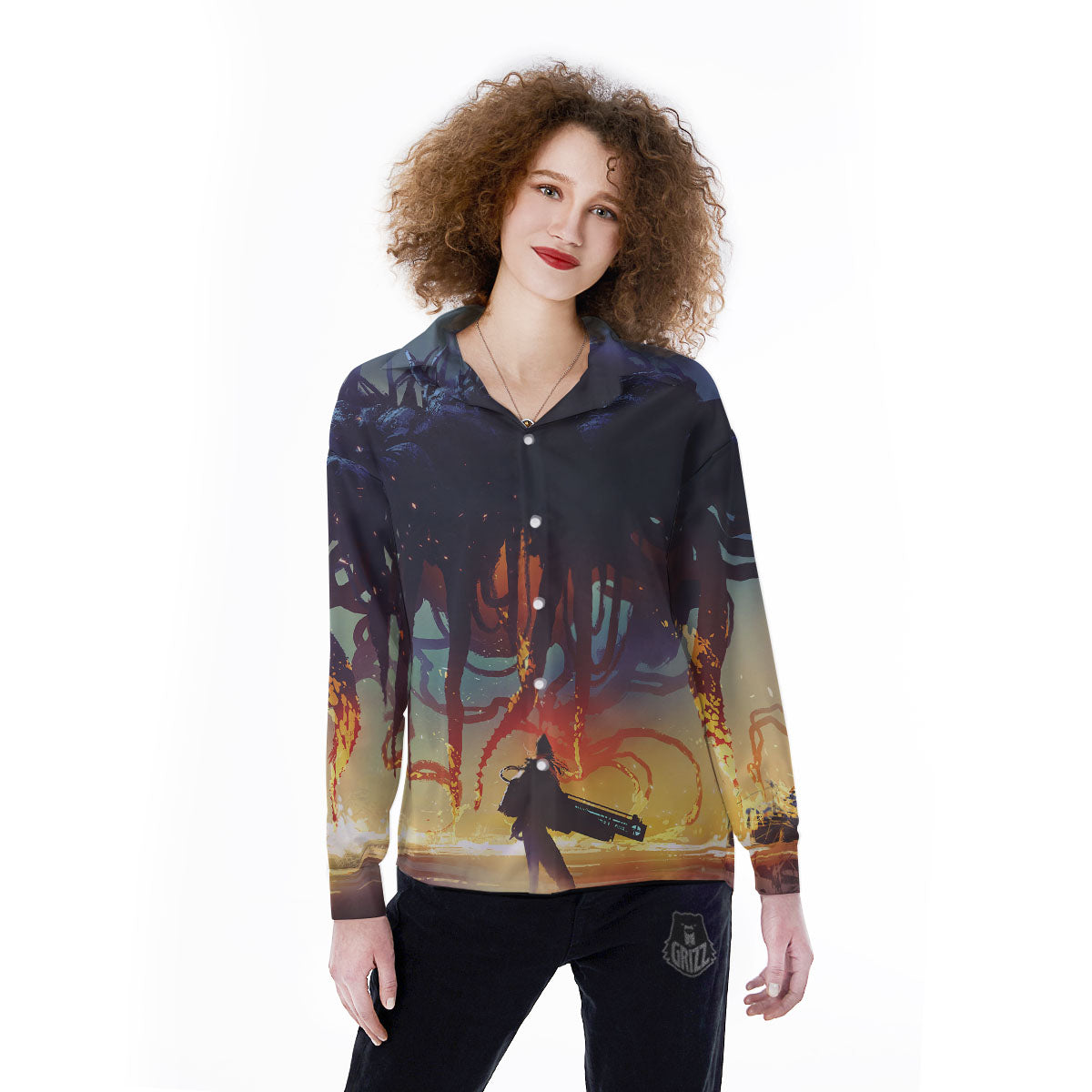 Girl Fight With Alien Octopus Monster Print Women's Long Sleeve Shirts-grizzshop