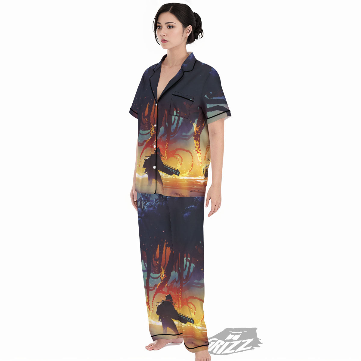 Girl Fight With Alien Octopus Monster Print Women's Pajamas Set-grizzshop