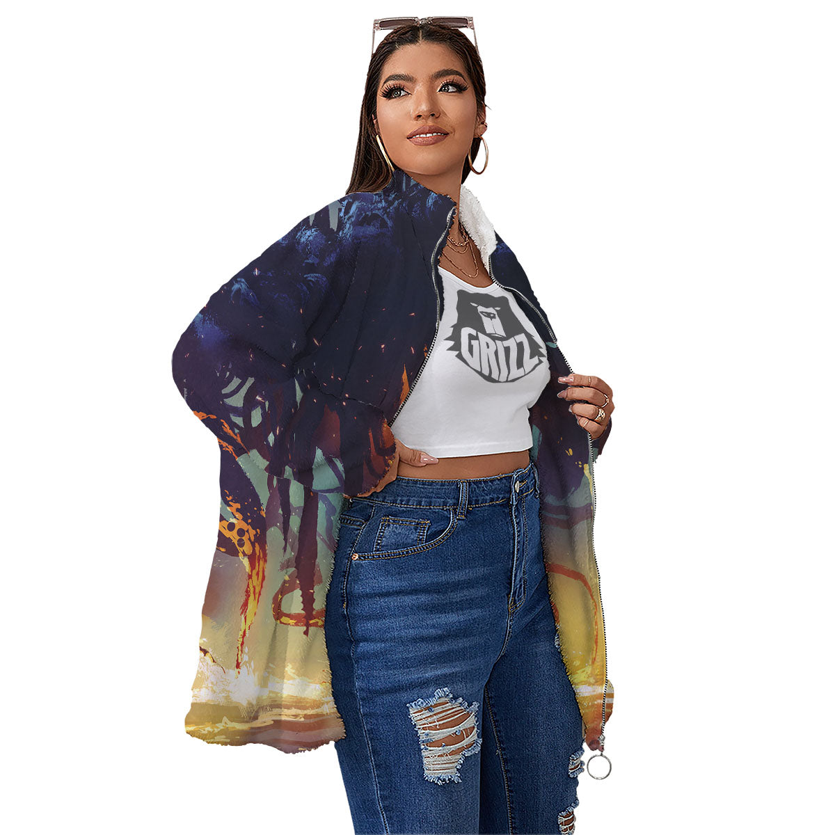 Girl Fight With Alien Octopus Monster Print Women's Sherpa Jacket-grizzshop