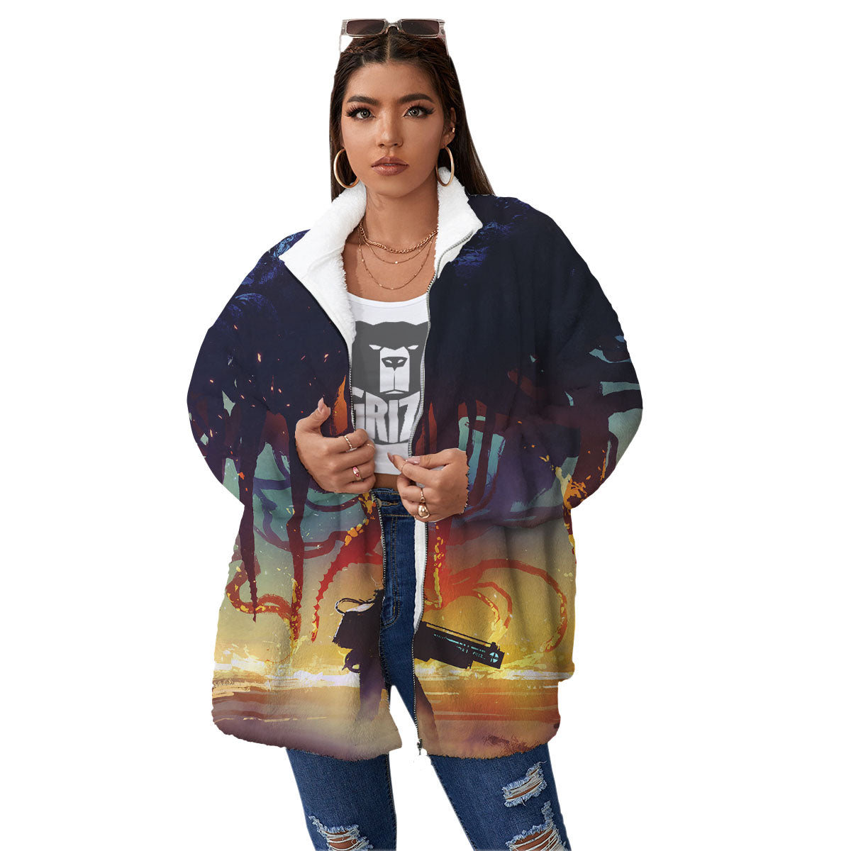 Girl Fight With Alien Octopus Monster Print Women's Sherpa Jacket-grizzshop