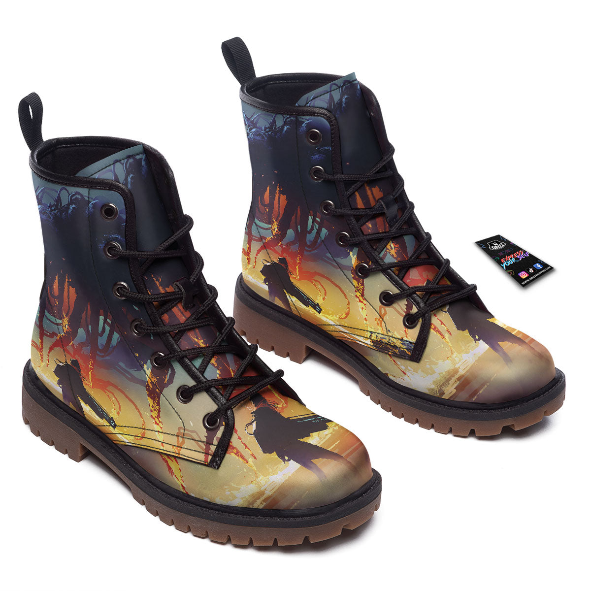 Girl Fight With Alien Octopus Monster Print Work Boots-grizzshop