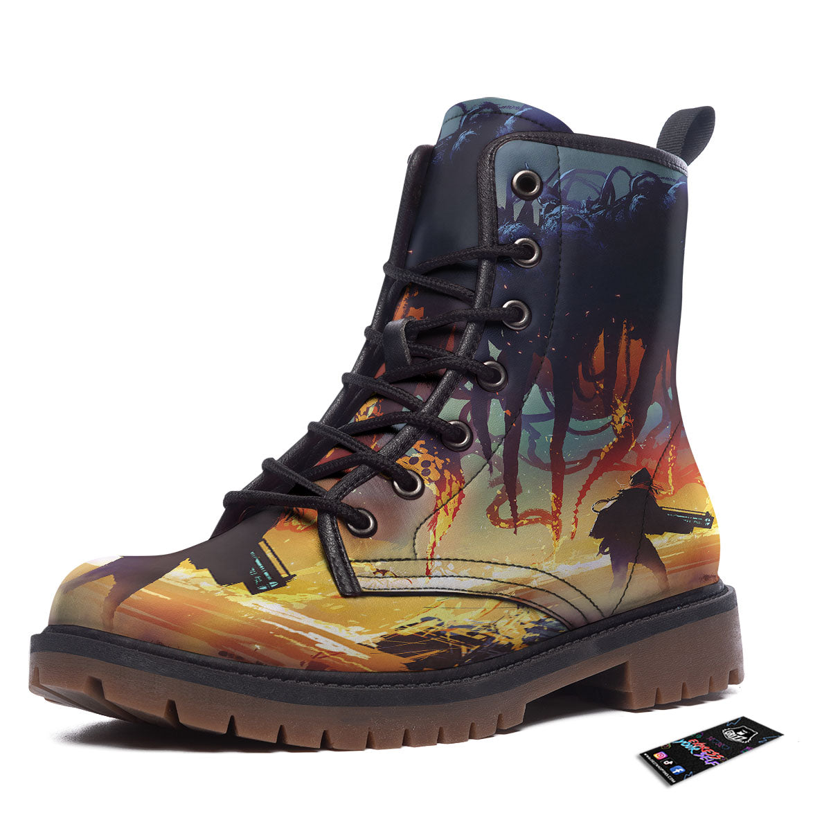 Girl Fight With Alien Octopus Monster Print Work Boots-grizzshop