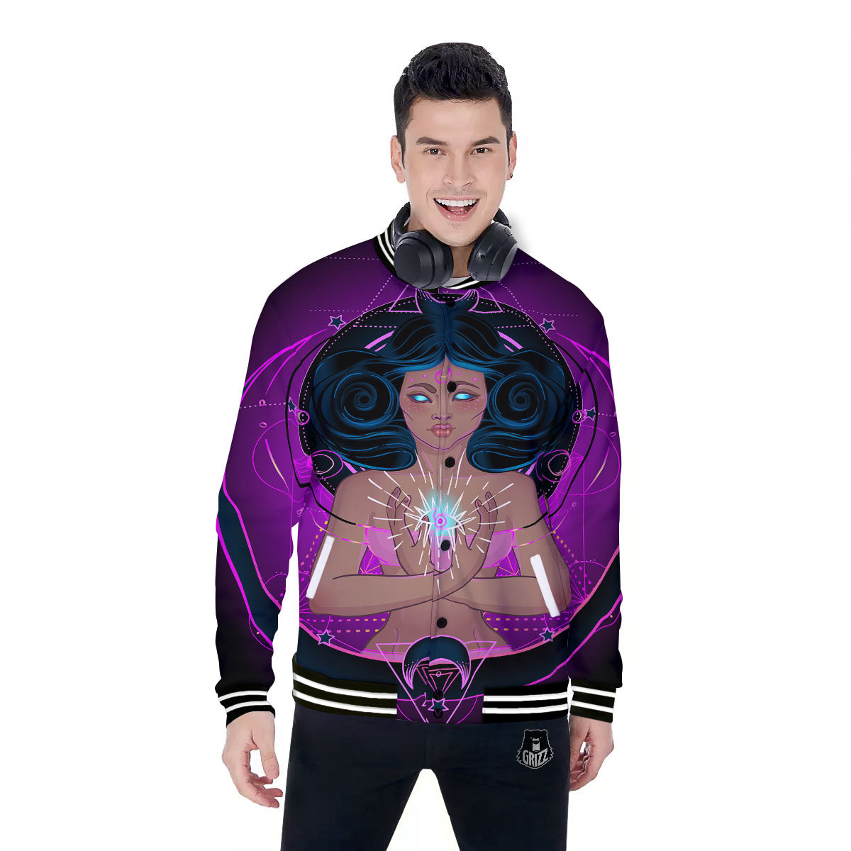 Girl Wiccan And Magical Moon Print Baseball Jacket-grizzshop