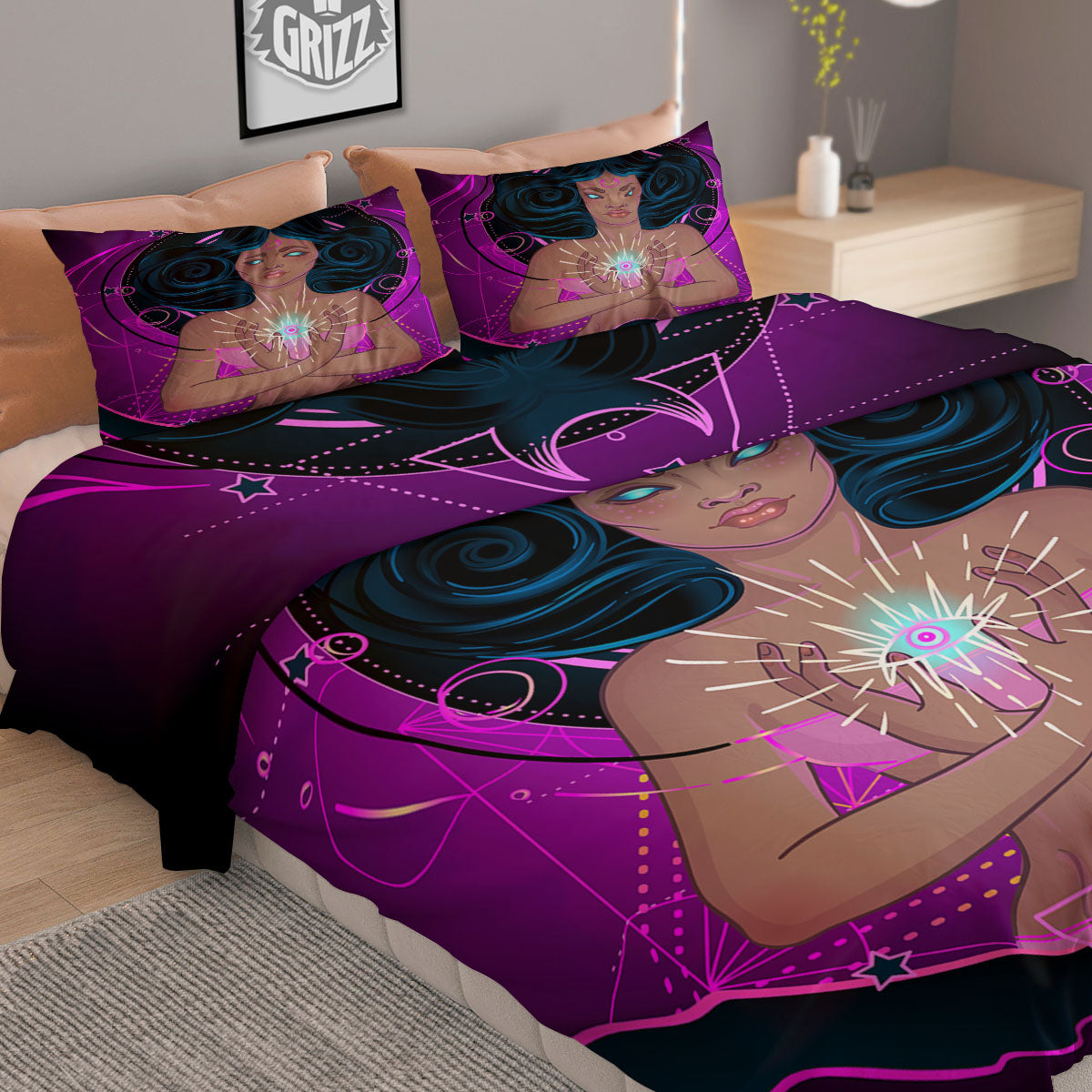 Girl Wiccan And Magical Moon Print Duvet Cover Bedding Set
