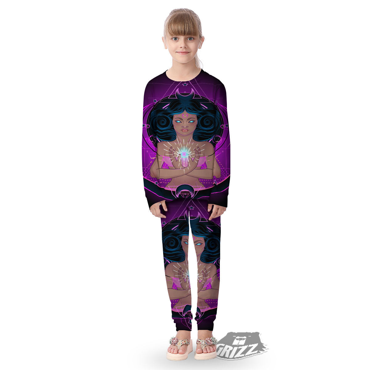 Girl Wiccan And Magical Moon Print Kid's Pajamas-grizzshop