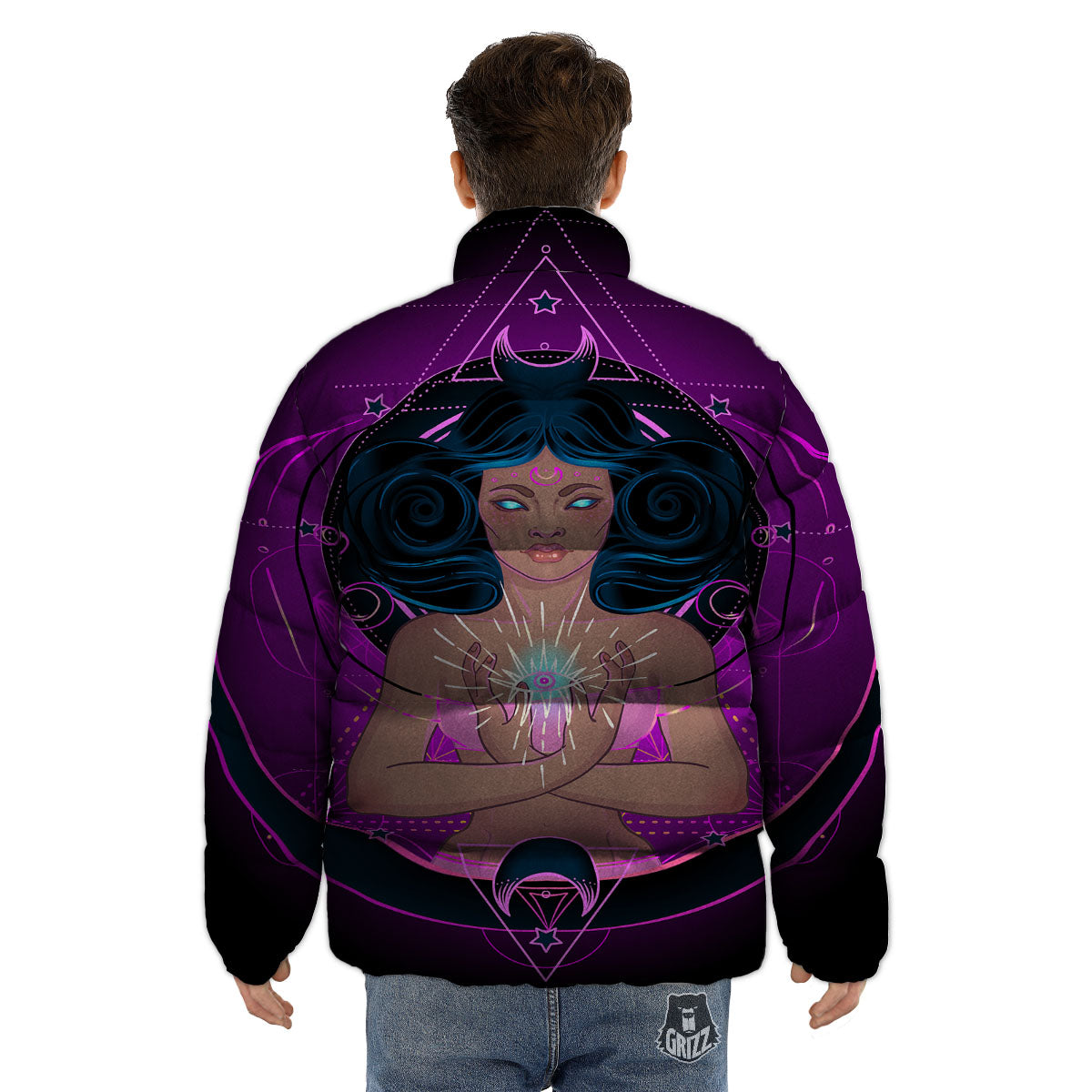 Girl Wiccan And Magical Moon Print Puffer Jacket-grizzshop