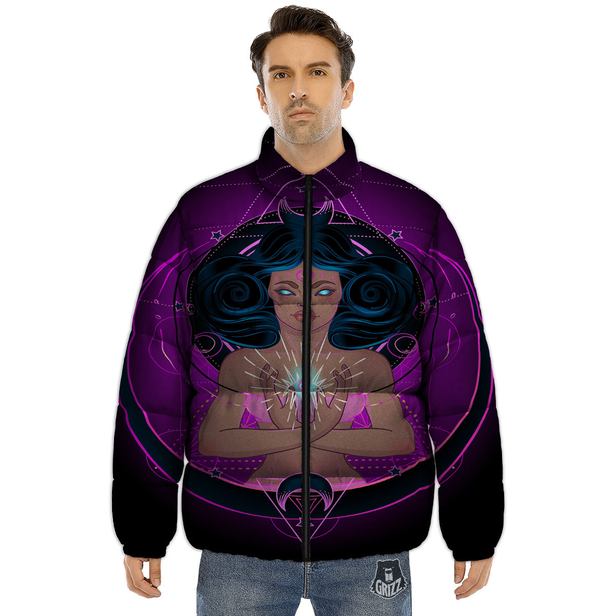 Girl Wiccan And Magical Moon Print Puffer Jacket-grizzshop
