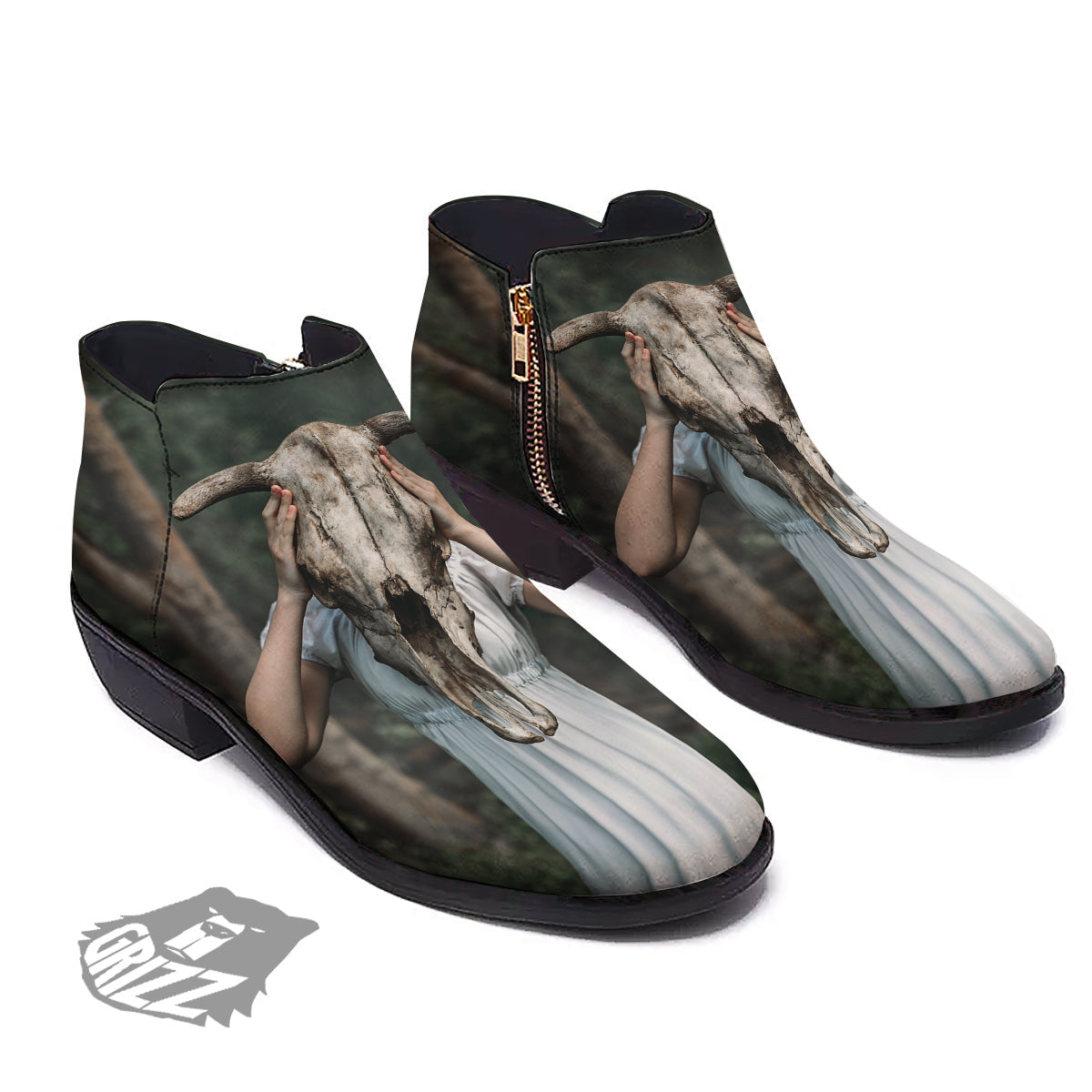 Girl With Animal Skull Print Ankle Boots-grizzshop