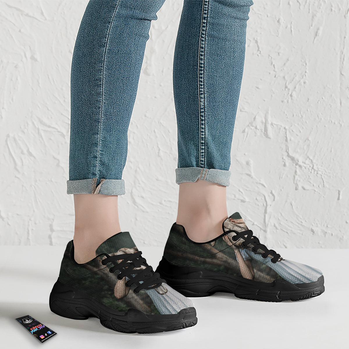Girl With Animal Skull Print Black Chunky Shoes-grizzshop