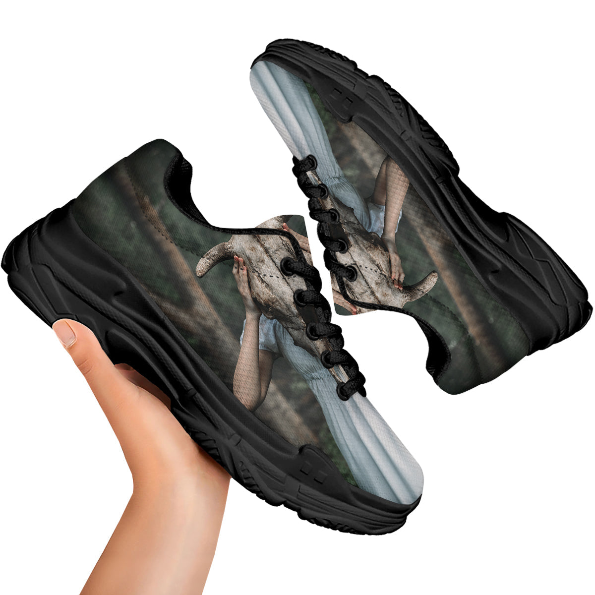 Girl With Animal Skull Print Black Chunky Shoes-grizzshop