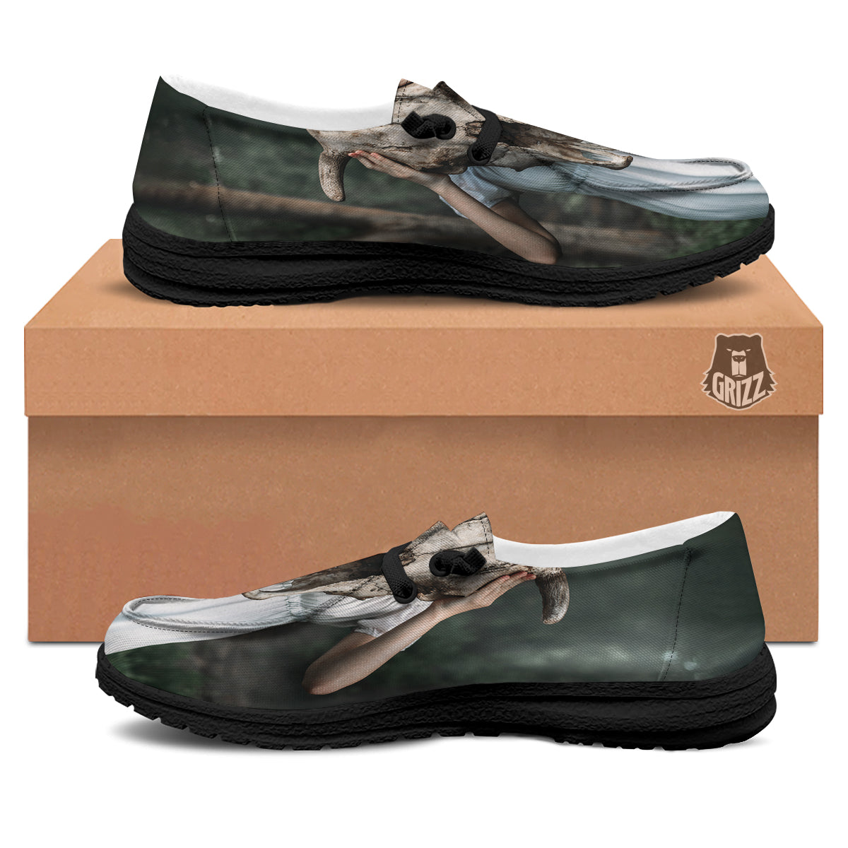 Girl With Animal Skull Print Black Loafers-grizzshop