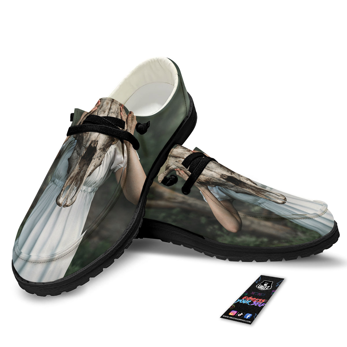 Girl With Animal Skull Print Black Loafers-grizzshop