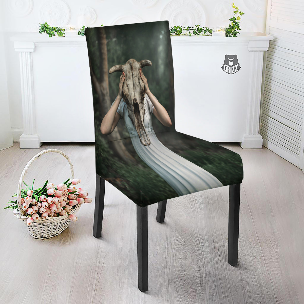 Girl With Animal Skull Print Dining Chair Slipcover-grizzshop