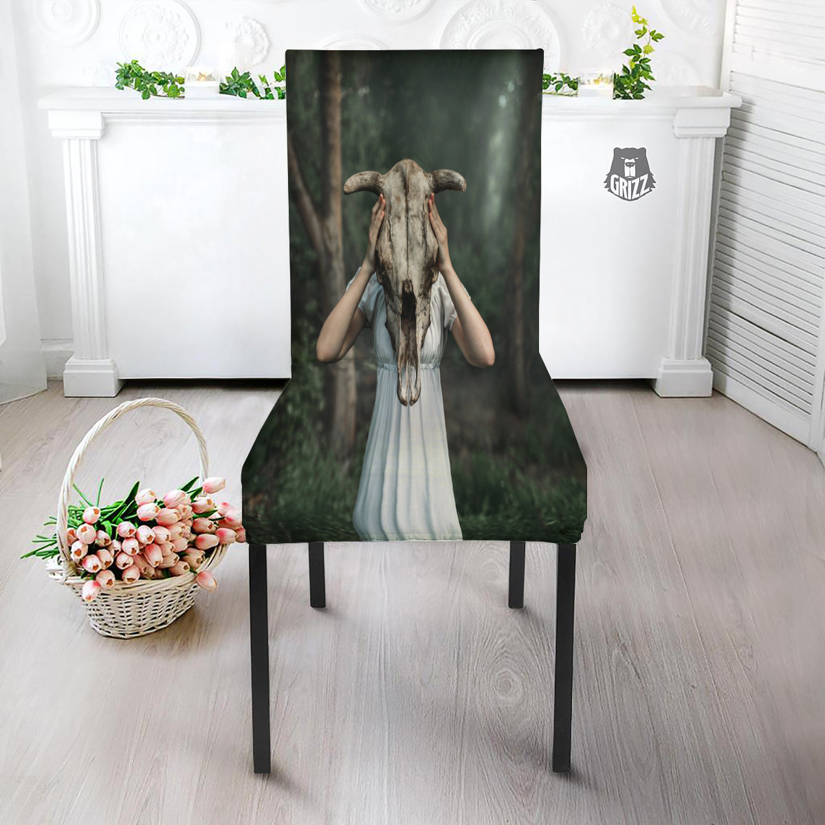 Girl With Animal Skull Print Dining Chair Slipcover-grizzshop
