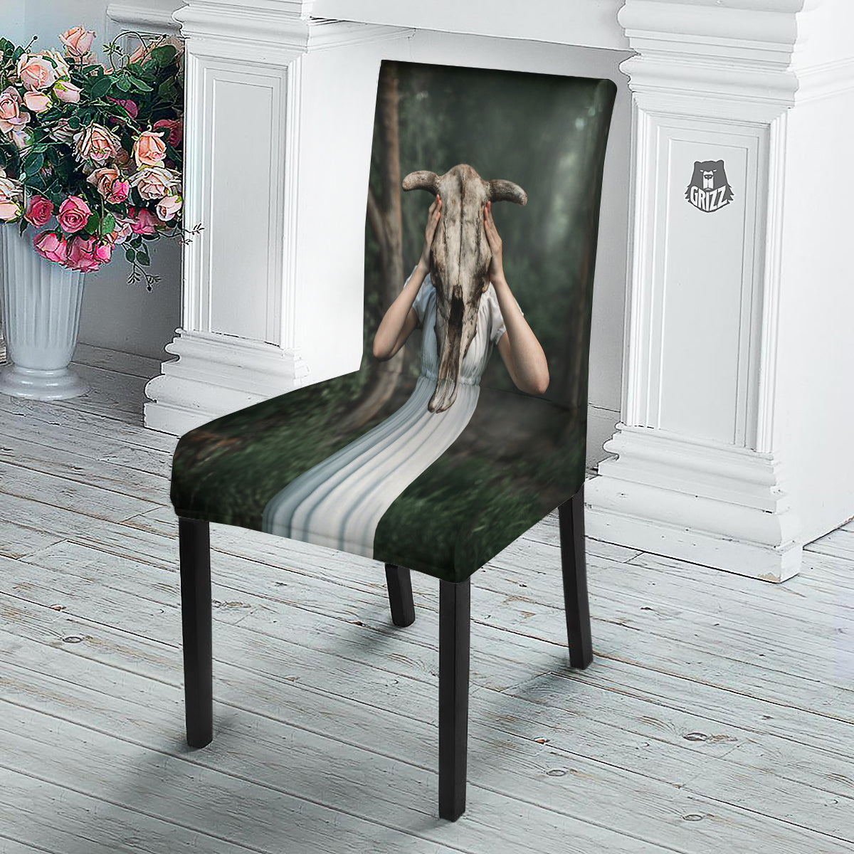 Girl With Animal Skull Print Dining Chair Slipcover-grizzshop
