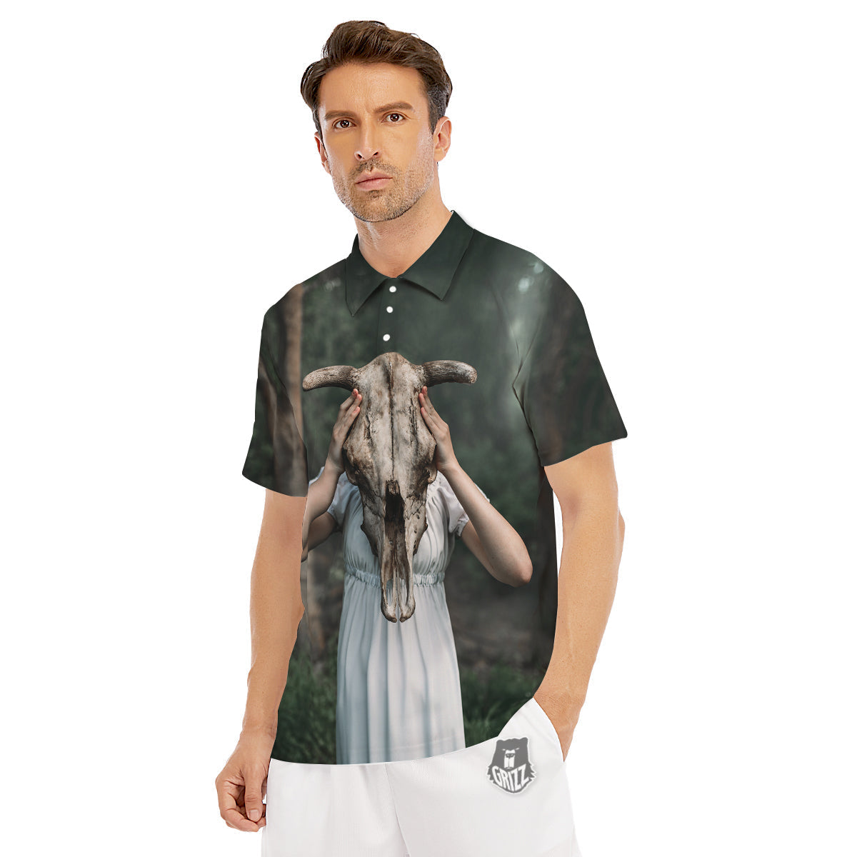 Girl With Animal Skull Print Men's Golf Shirts-grizzshop