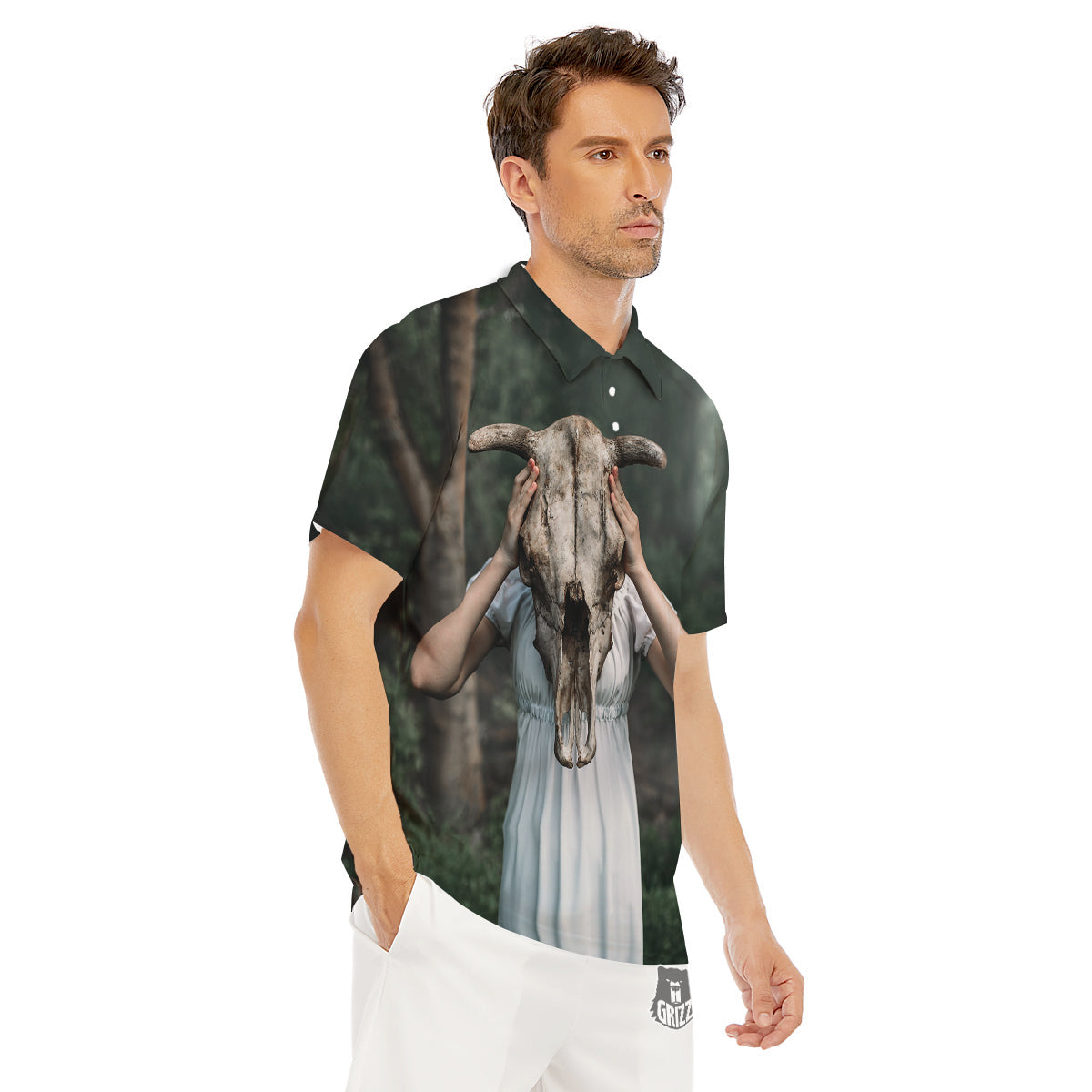 Girl With Animal Skull Print Men's Golf Shirts-grizzshop