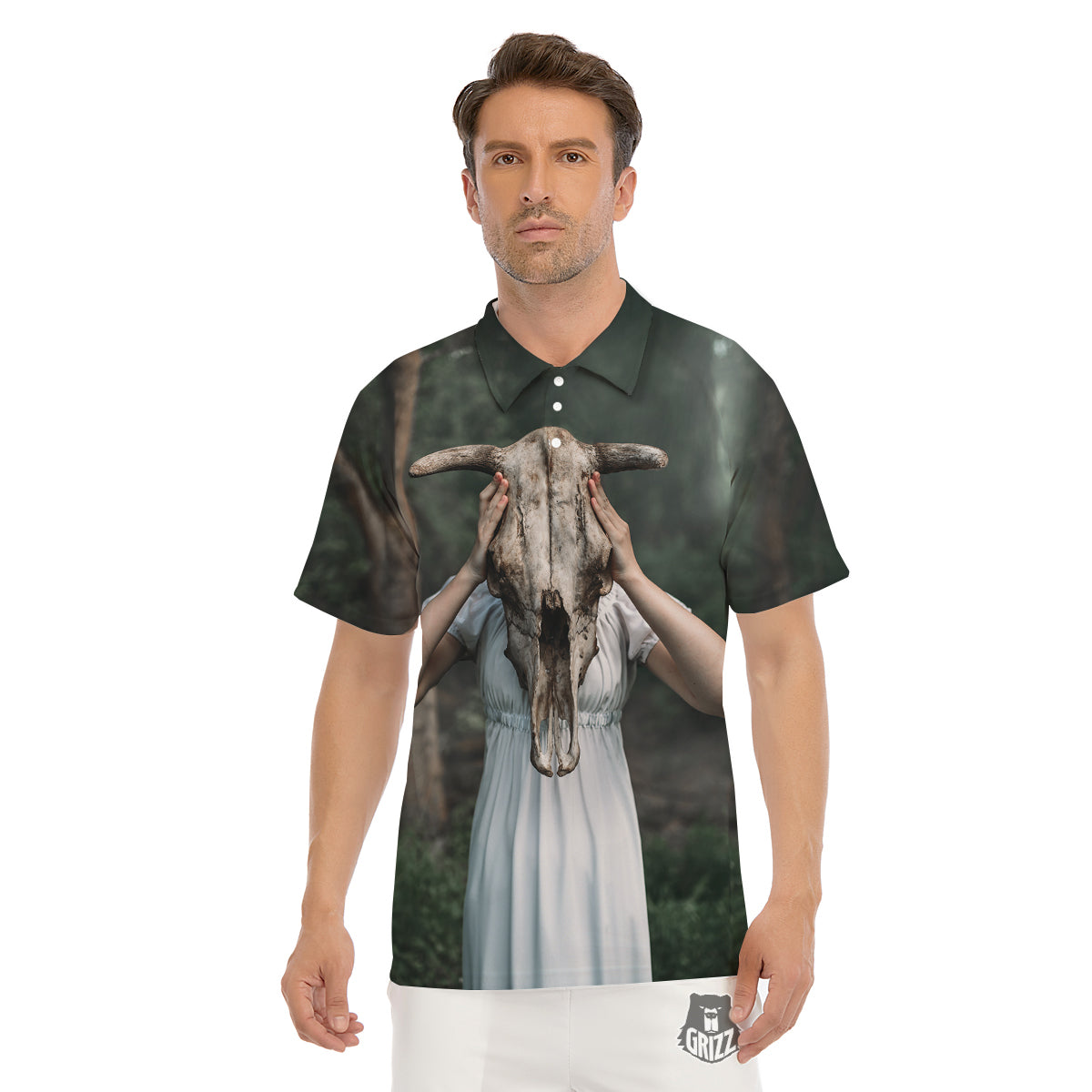 Girl With Animal Skull Print Men's Golf Shirts-grizzshop