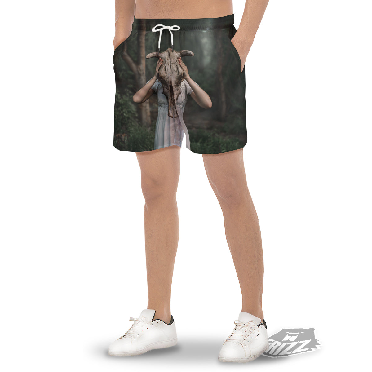 Girl With Animal Skull Print Men's Gym Shorts-grizzshop