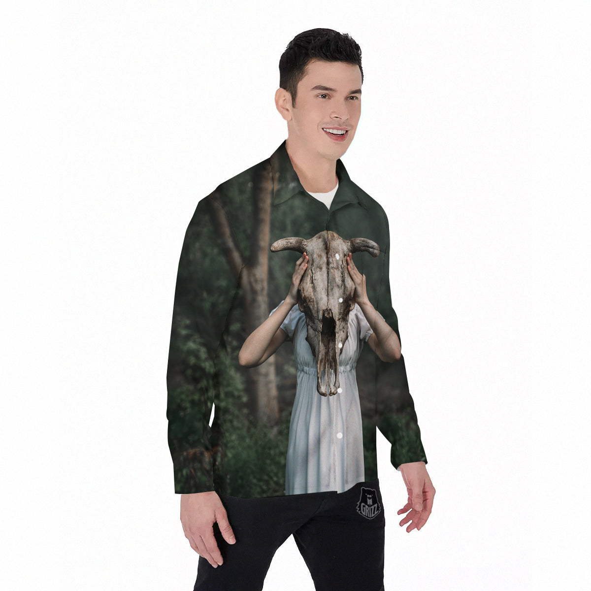 Girl With Animal Skull Print Men's Long Sleeve Shirts-grizzshop