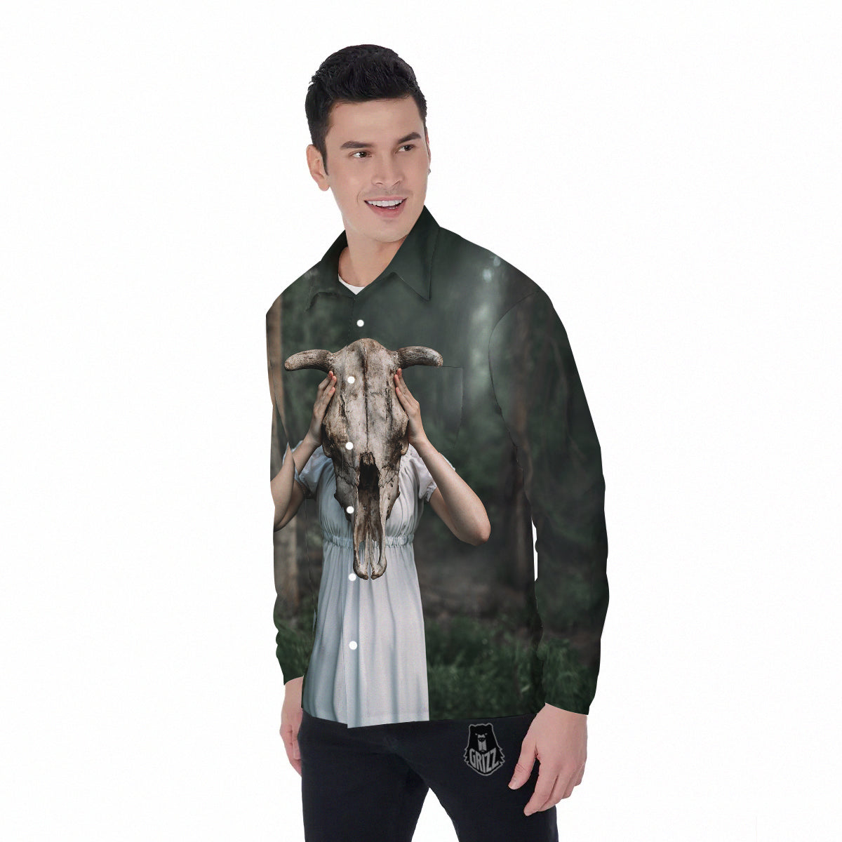 Girl With Animal Skull Print Men's Long Sleeve Shirts-grizzshop