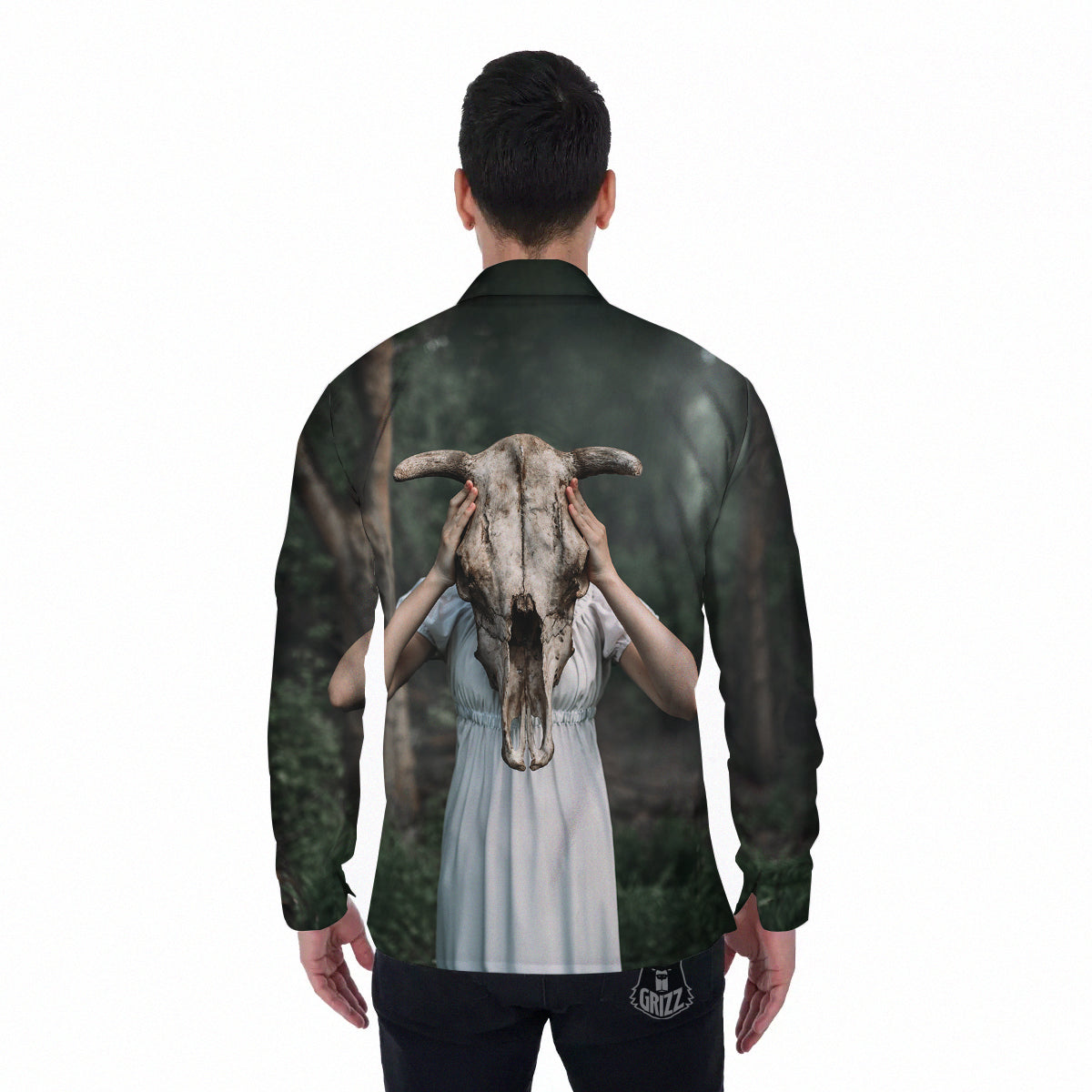 Girl With Animal Skull Print Men's Long Sleeve Shirts-grizzshop