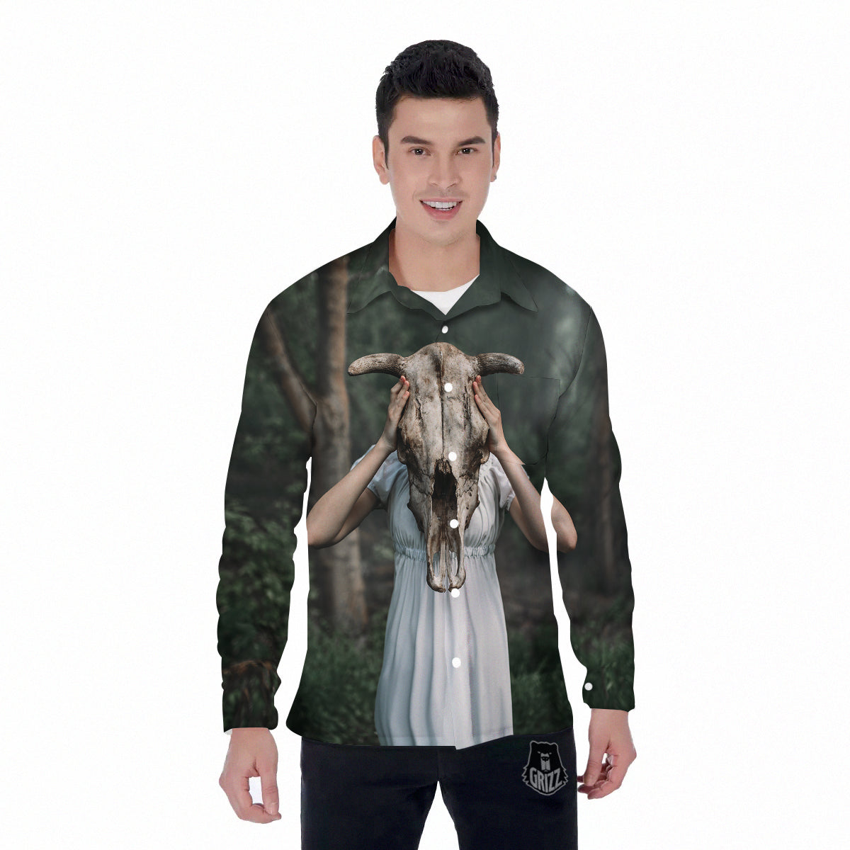Girl With Animal Skull Print Men's Long Sleeve Shirts-grizzshop