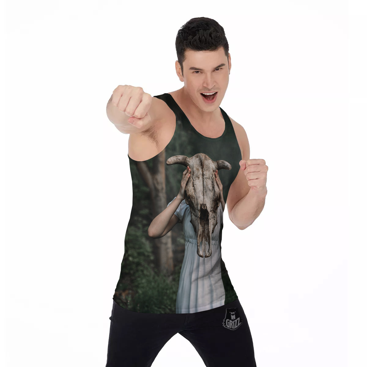 Girl With Animal Skull Print Men's Tank Top-grizzshop