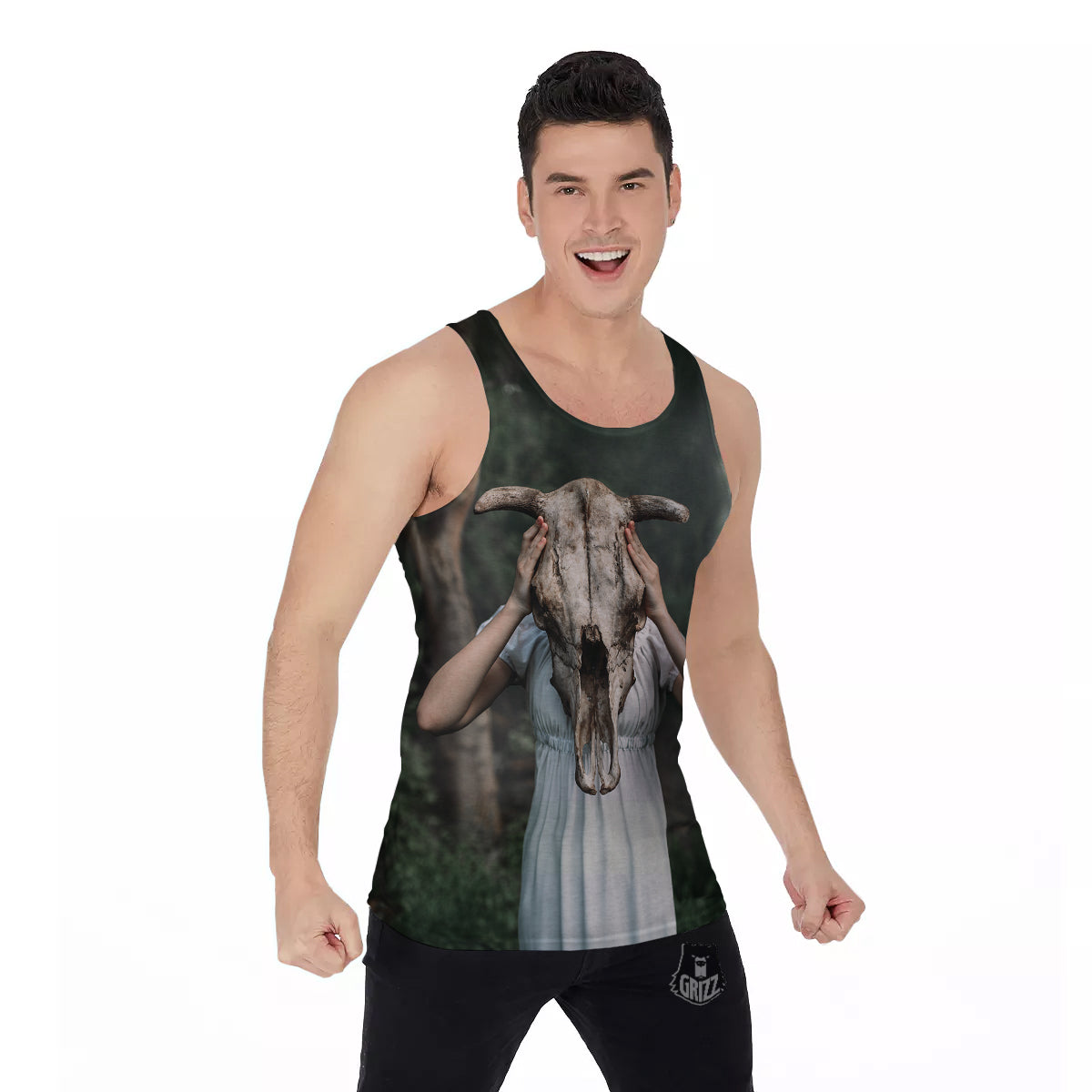Girl With Animal Skull Print Men's Tank Top-grizzshop