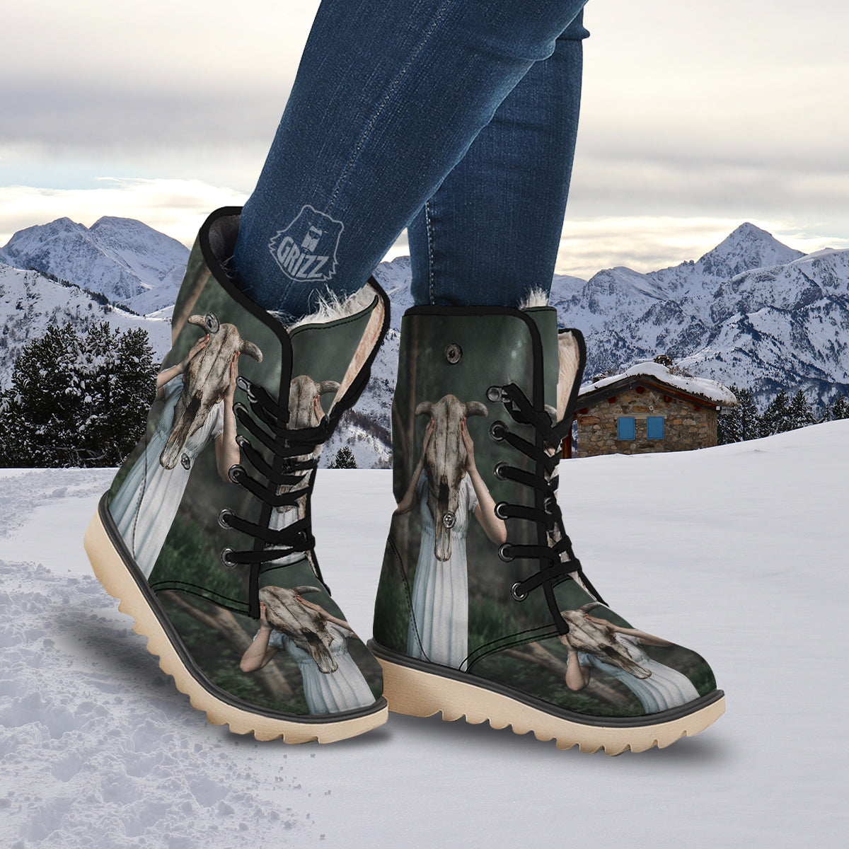 Girl With Animal Skull Print Snow Boots-grizzshop