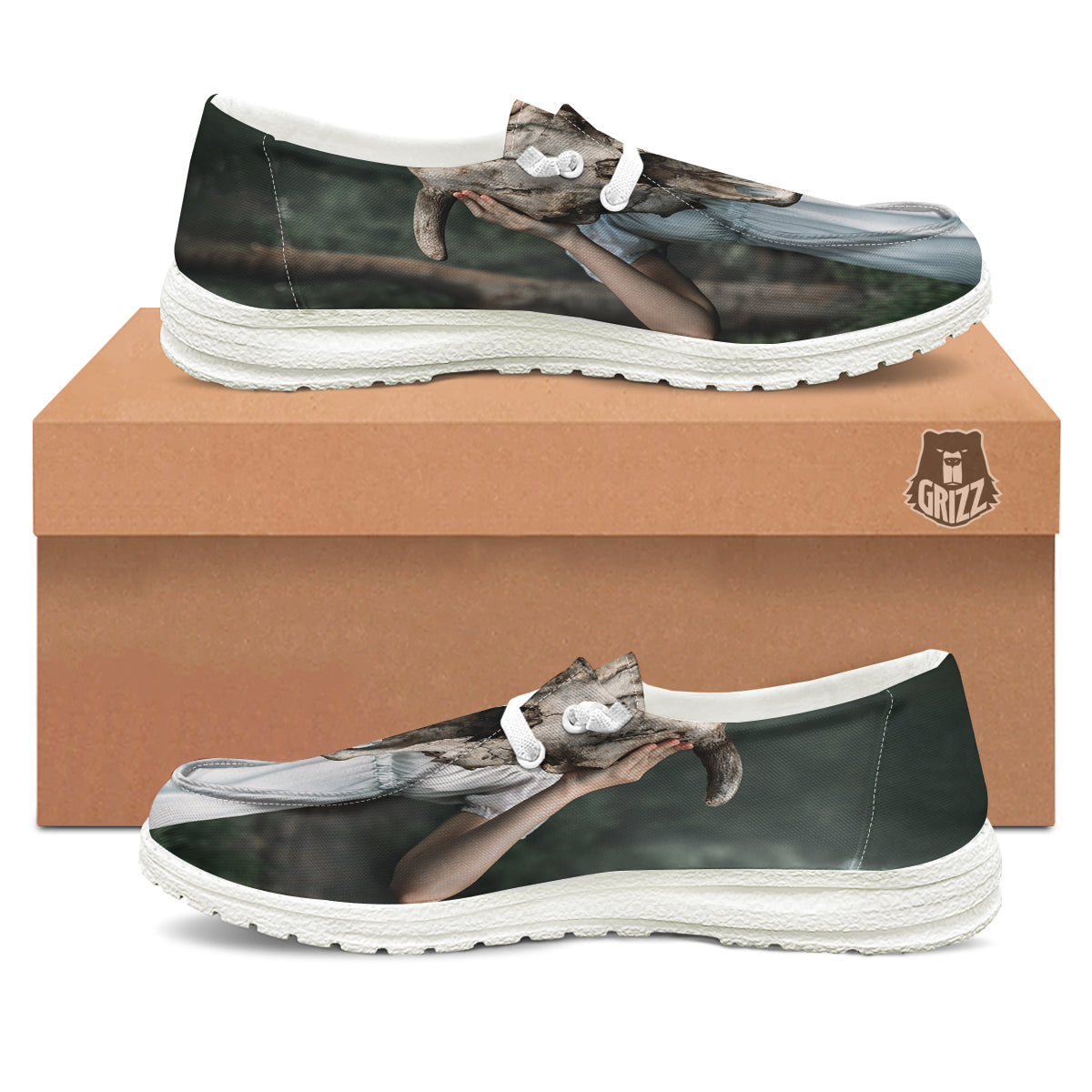 Girl With Animal Skull Print White Loafers-grizzshop