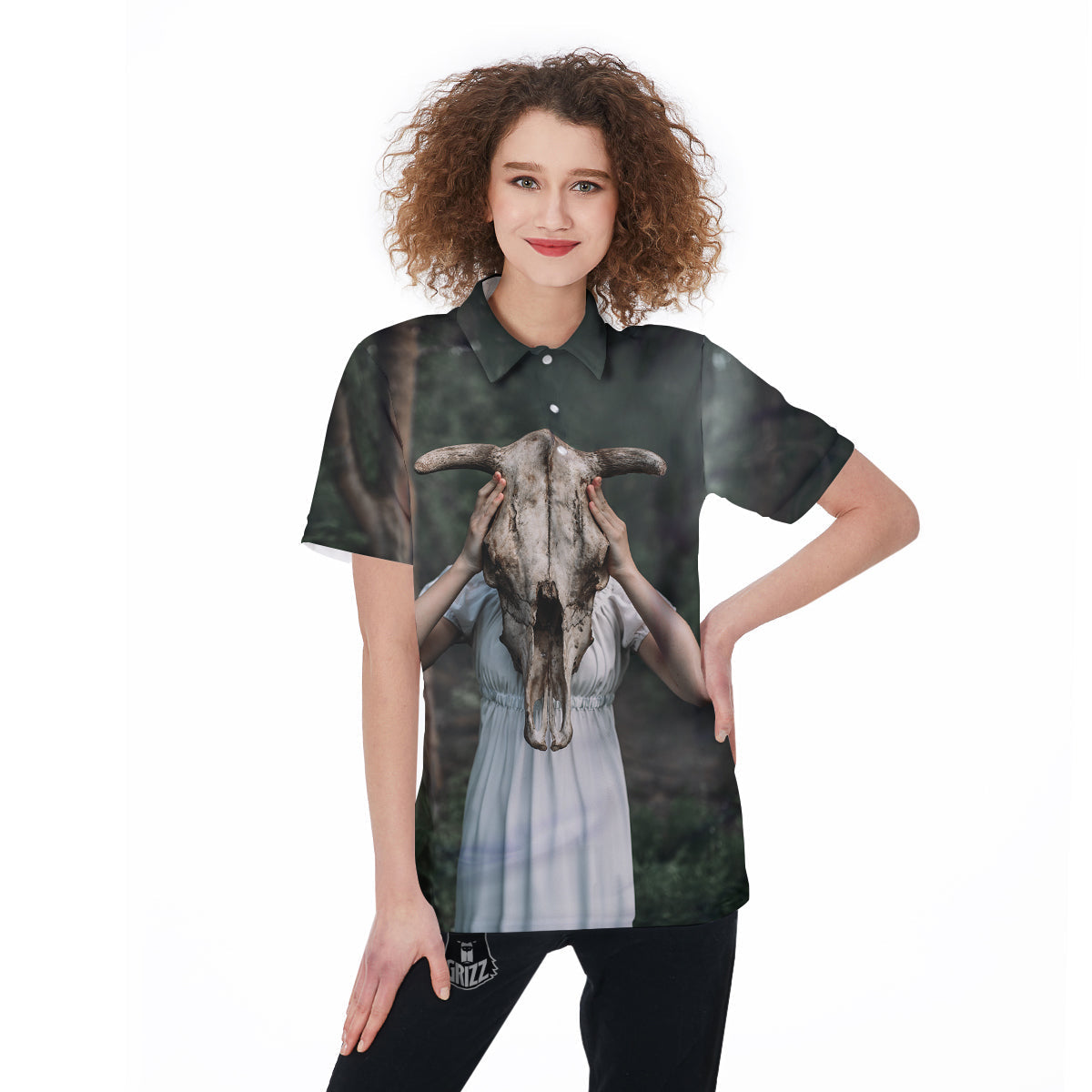 Girl With Animal Skull Print Women's Golf Shirts-grizzshop