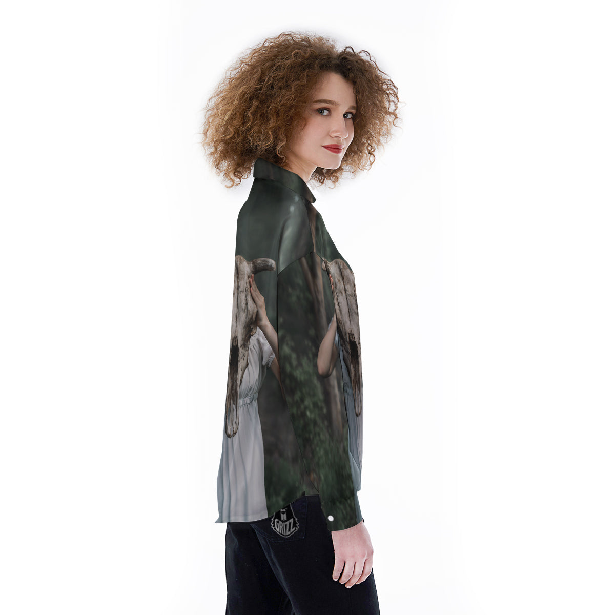 Girl With Animal Skull Print Women's Long Sleeve Shirts-grizzshop