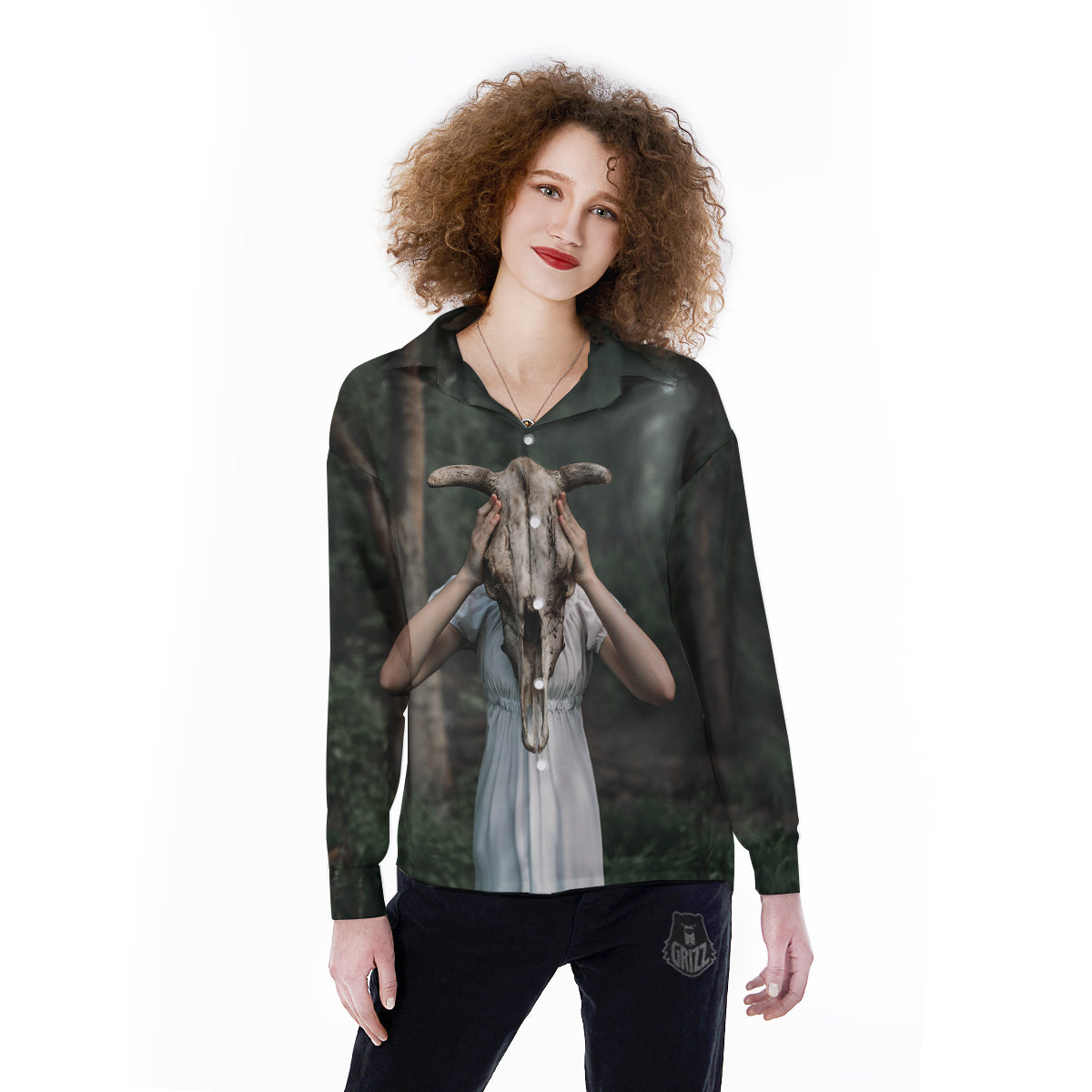 Girl With Animal Skull Print Women's Long Sleeve Shirts-grizzshop